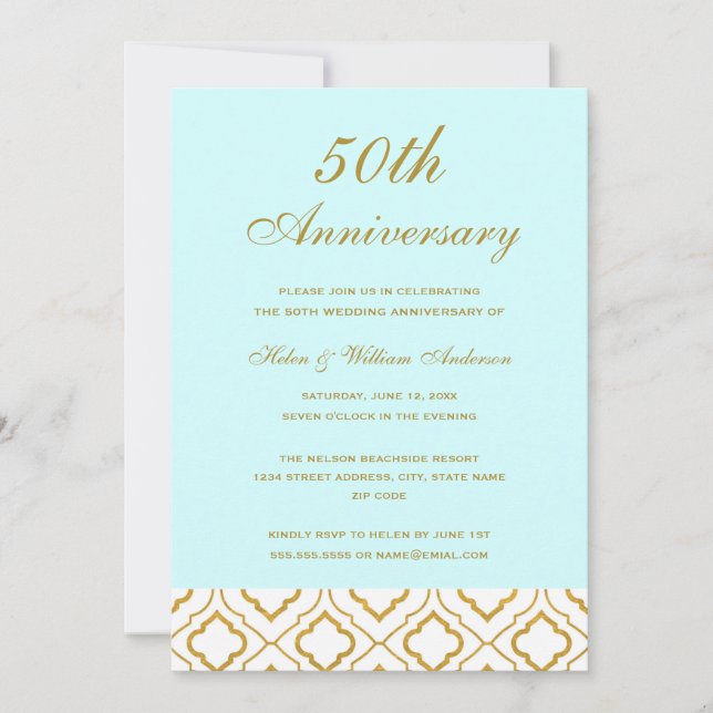 Elegant Gold & Blue 50th Wedding Anniversary Invitation (Front)