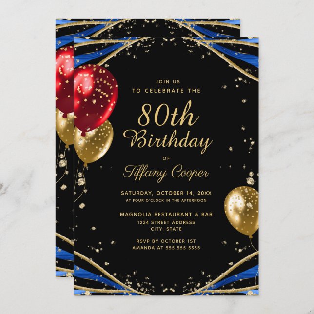 Elegant Gold Blue Agate 80th Birthday Invitation (Front/Back)