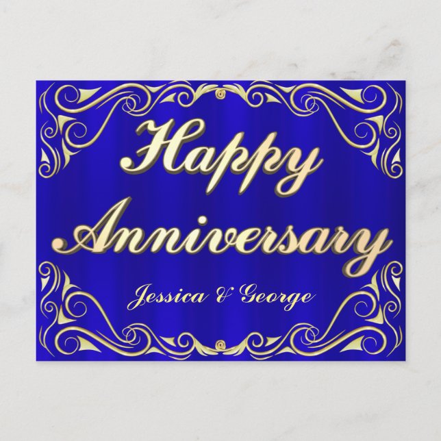 Elegant Gold & Blue Anniversary Greeting Postcard (Front)