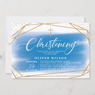 Elegant Gold & Blue Boy Christening Invitation