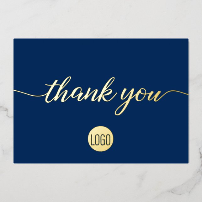 Elegant Gold Blue Business Thank you  Foil Holiday Card (Front)