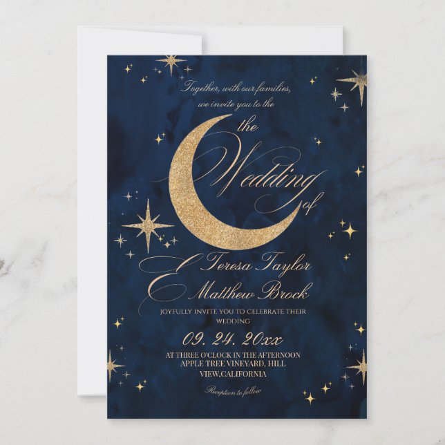 Elegant Gold & Blue Celestial Wedding  Invitation (Front)