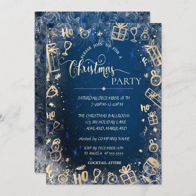 Elegant Gold Blue Company Christmas Party Invitation (Front/Back)