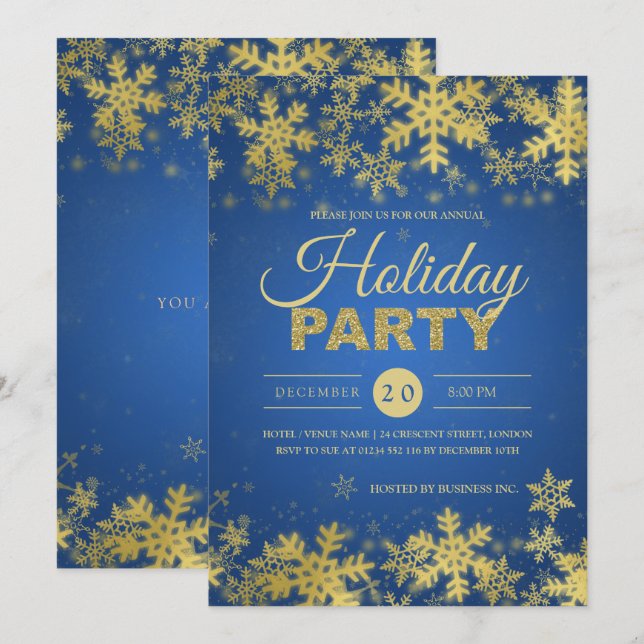 Elegant Gold & Blue Corporate Christmas Party Invitation (Front/Back)