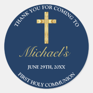 Elegant Gold Blue Cross First  Communion Thank You Classic Round Sticker