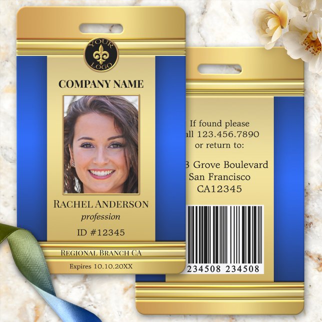 Elegant Gold Blue Employee Photo ID Badge (Elegant gold and blue design photo ID badge with space for your custom photo and logo)