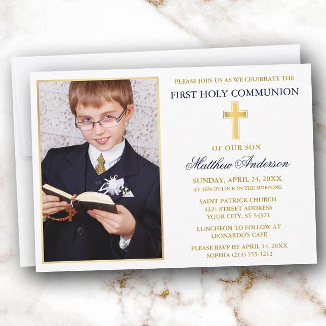 Elegant Gold Blue First Holy Communion Photo Invitation (Customize to change text size, text style or color.)