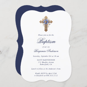 Elegant Gold Blue Floral Cross Boy Baptism Invitation