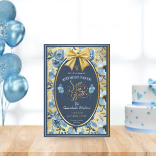 Elegant Gold Blue Floral Surprise Birthday Flat Save The Date