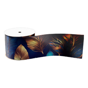 Elegant Gold Blue Foliage Nature Design  Grosgrain Ribbon