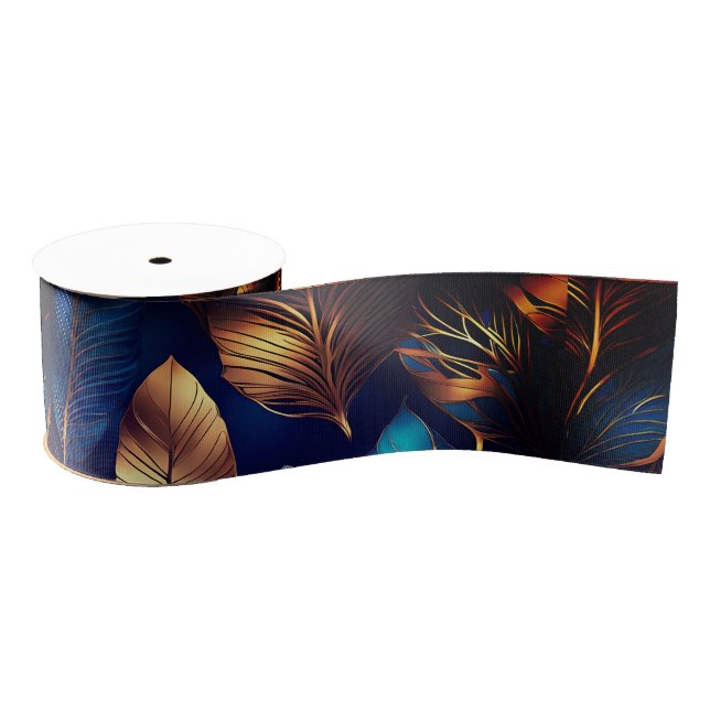 Elegant Gold Blue Foliage Nature Design  Grosgrain Ribbon (Spool)