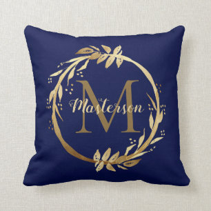 Elegant Gold Blue Foliage Wreath Family Monogram Cushion