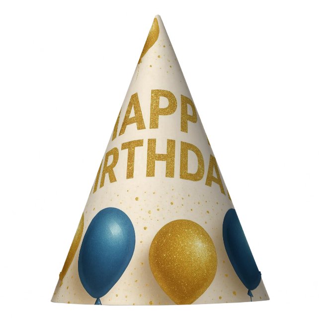 ​Elegant Gold & Blue Glitter Balloons Birthday Party Hat (Front)