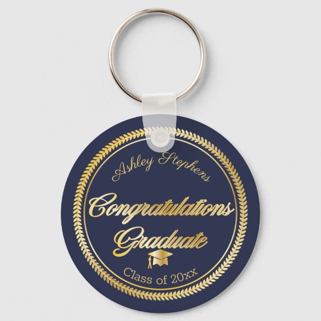 Elegant Gold | Blue Grad Cap Class Year Key Ring (Front)