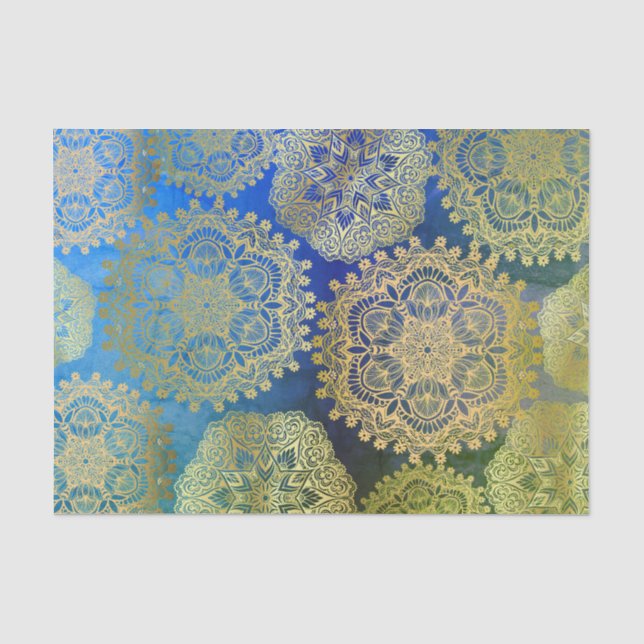 Elegant Gold Blue Green Mandala Pattern Tissue Paper (Front)