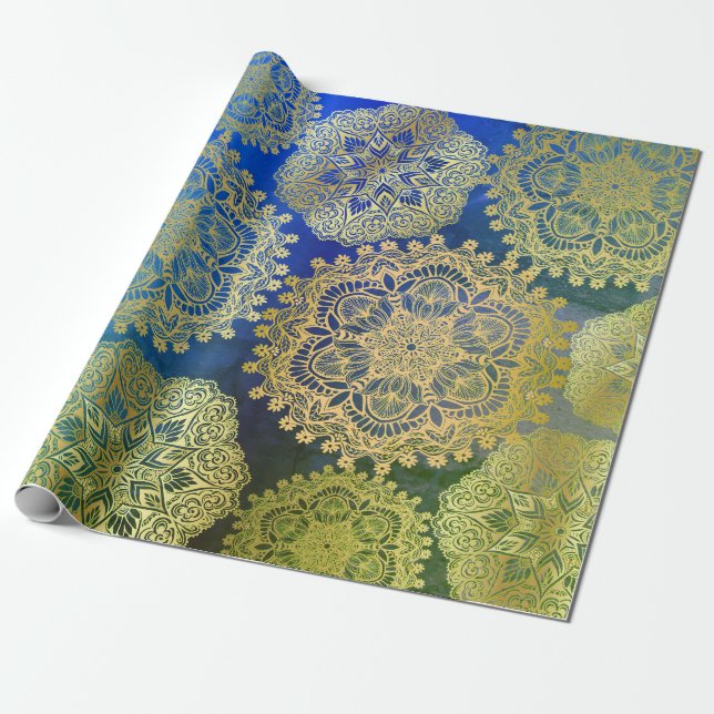 Elegant Gold Blue Green Mandala Pattern Wrapping Paper (Unrolled)