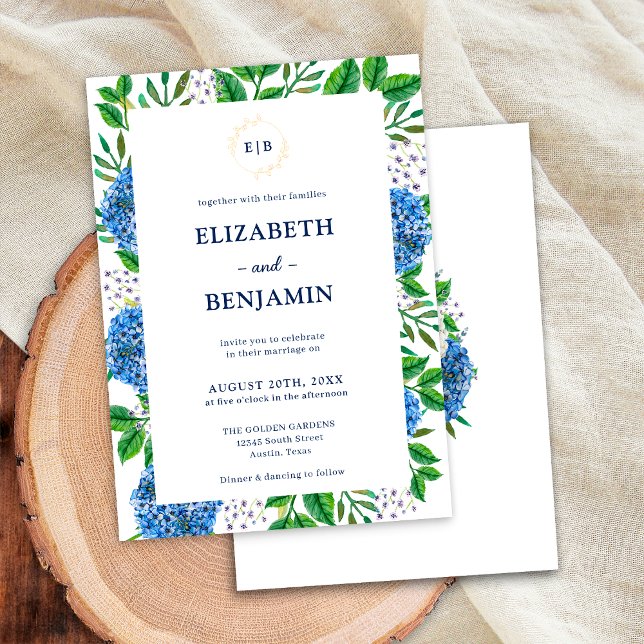 Elegant Gold Blue Hydrangeas Monogram Wedding  Invitation (Front / Back)