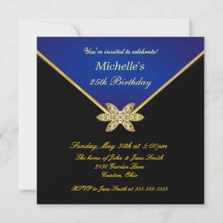 Elegant Gold Blue Ladies Birthday Party Invitation