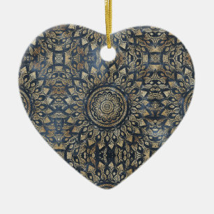 Elegant Gold Blue Mandala Floral Ceramic Ornament