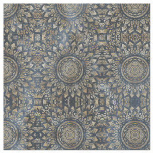 Elegant Gold Blue Mandala Floral Fabric