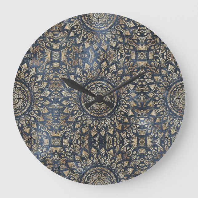 Elegant Gold Blue Mandala Floral Large Clock (Front)
