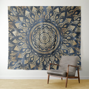 Elegant Gold Blue Mandala Floral Tapestry