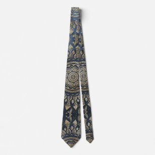 Elegant Gold Blue Mandala Floral Tie