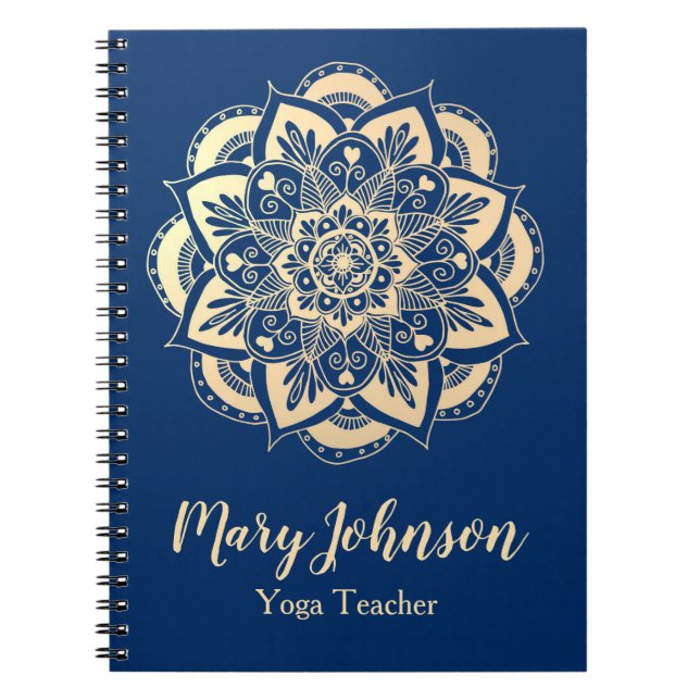 Elegant Gold Blue Mandala Yoga Teacher Notebook (Front)