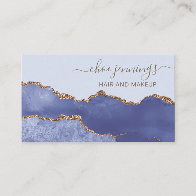 Elegant Gold Blue Marble Script Abstract Business Card (Front)