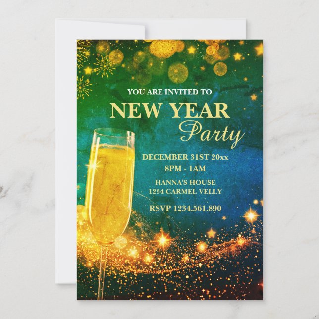 Elegant Gold & Blue New Year's Eve Party Invitation (Front)