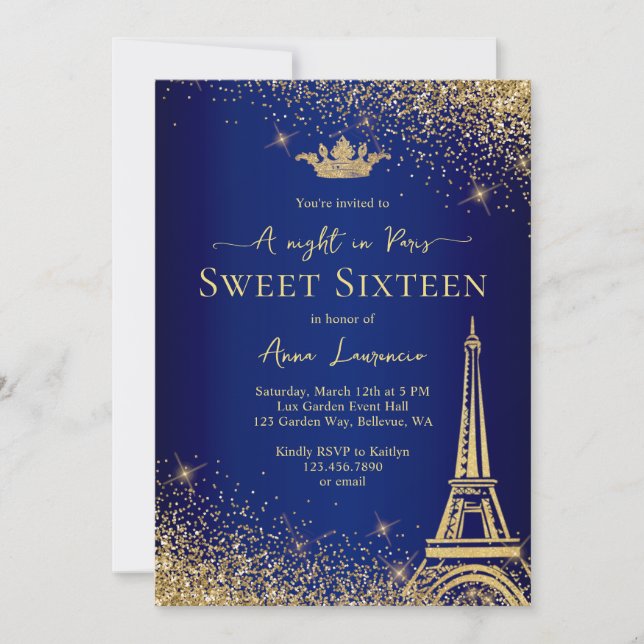 Elegant Gold Blue Paris Night Theme Sweet 16 Invitation (Front)