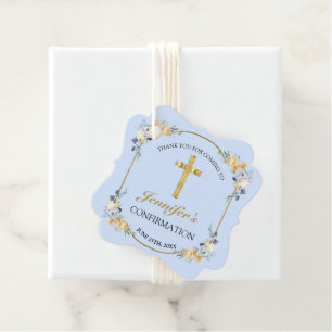 Elegant Gold Blue Peach Floral Girls Confirmation Favour Tags