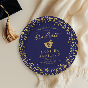 Elegant Gold  Blue Pharmacy School Graduation Paper Plate