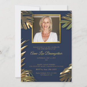 Elegant Gold Blue Photo 50th Birthday Invitation