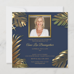 Elegant Gold Blue Photo 50th Birthday Invitation