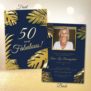Elegant Gold Blue Photo 50th Fabulous Birthday 