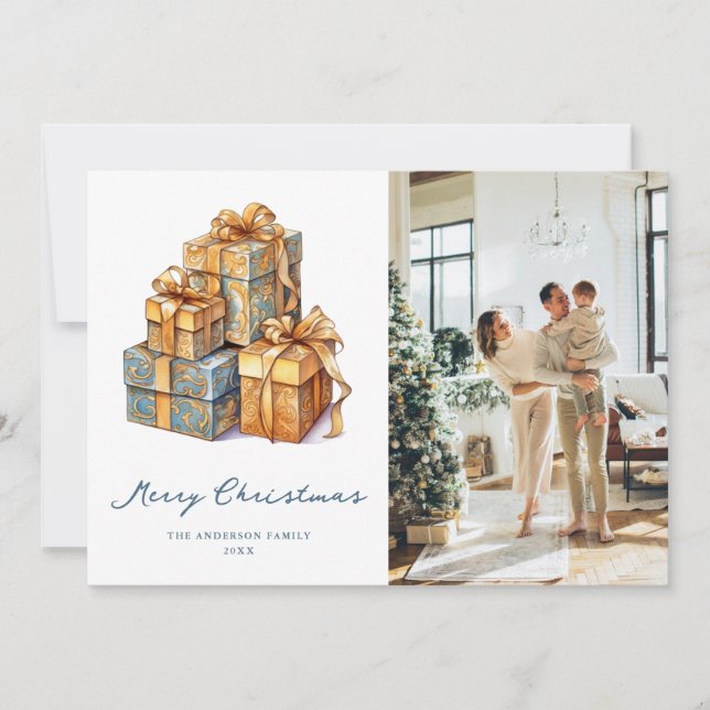 Elegant Gold Blue Photo Merry Christmas Card (Front)