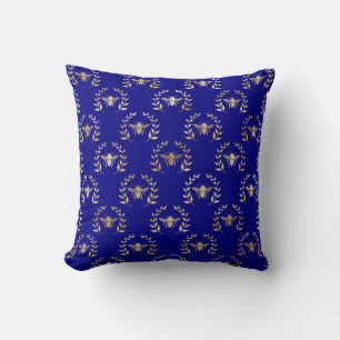Elegant Gold & Blue Queen Bee Cushion