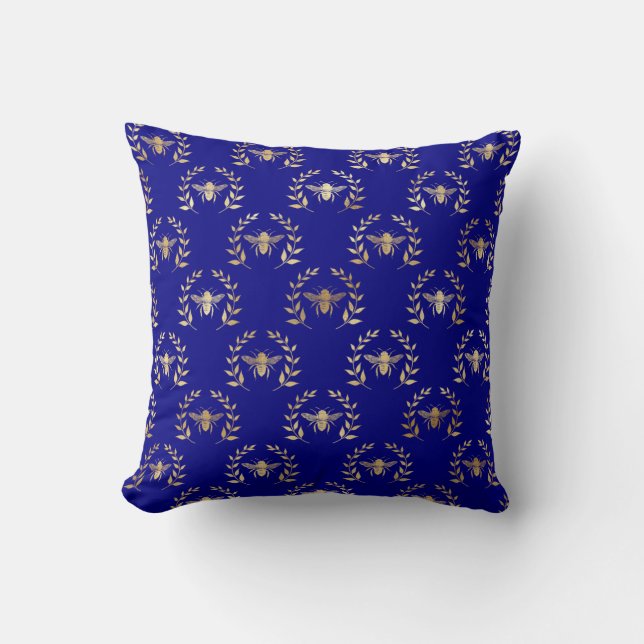 Elegant Gold & Blue Queen Bee Cushion (Front)