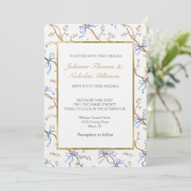 Elegant Gold Blue Ribbons Wedding Invitation (Standing Front)