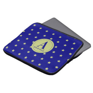 Elegant Gold & Blue Star Pattern Monogram Laptop Sleeve
