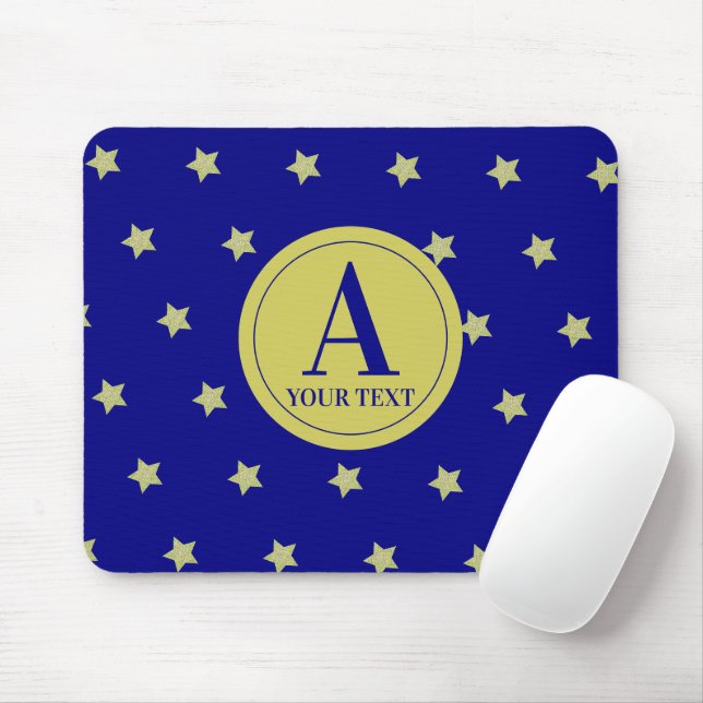 Elegant Gold & Blue Star Pattern Monogram Mouse Pad (With Mouse)