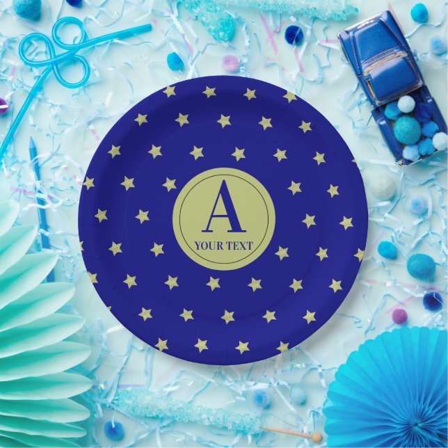 Elegant Gold & Blue Star Pattern Monogram Paper Plate (Party)