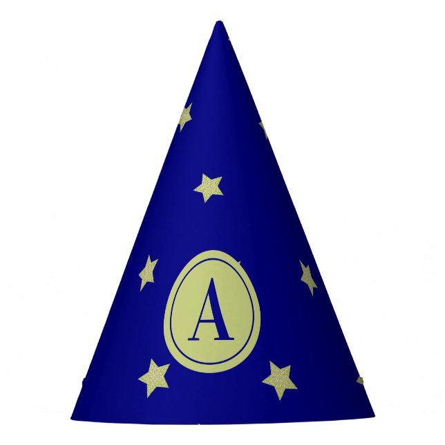 Elegant Gold & Blue Star Pattern Monogram Party Hat (Front)