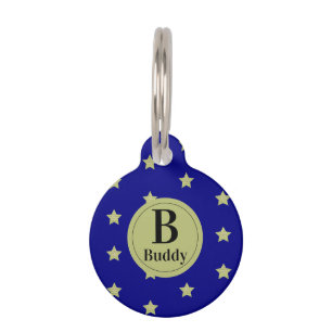 Elegant Gold & Blue Star Pattern Monogram Pet Tag
