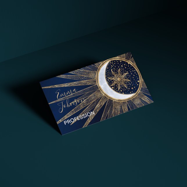 Elegant Gold & Blue Sun Moon Mandala Doodles Art Business Card (Creator Uploaded)