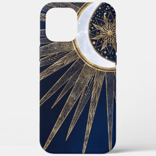 Elegant Gold & Blue Sun Moon Mandala Doodles Art iPhone 12 Pro Max Case