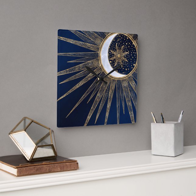 Elegant Gold & Blue Sun Moon Mandala Doodles Art Square Wall Clock (Office)