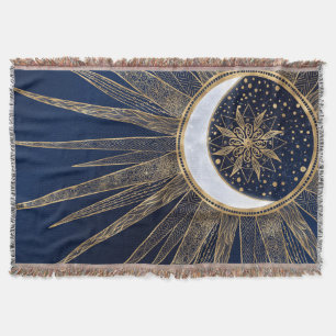 Elegant Gold & Blue Sun Moon Mandala Doodles Art Throw Blanket
