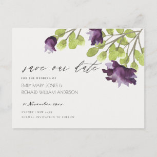 ELEGANT GOLD BLUE WATERCOLOUR FLORAL SAVE THE DATE ANNOUNCEMENT POSTCARD